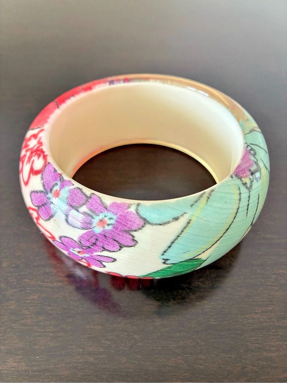 Vintage Chunky Encased Floral Fabric Lucite Bangle Bracelet Boho